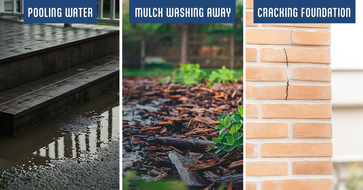 signs of negative drainage include pooling water, mulch in flower beds washing away, and a cracking foundation